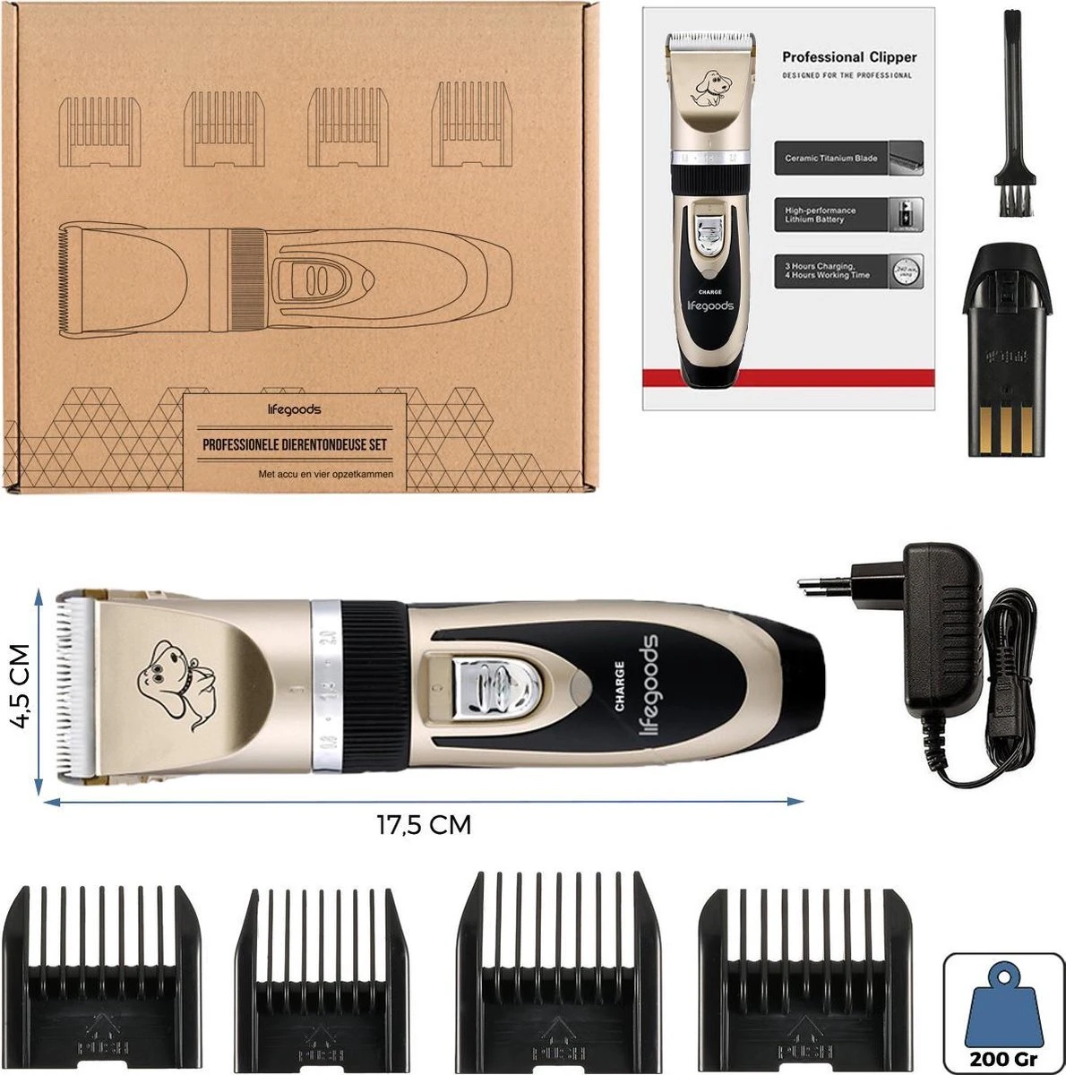 LifeGoods Hondentondeuse - Voor Katten En Honden - Complete Set - 5 Standen - Draadloos - Oplaadbaar - Goud/Zwart 4 LifeGoods Hondentondeuse - Voor Katten En Honden - Complete Set - 5 Standen - Draadloos - Oplaadbaar - Goud/Zwart - Afbeelding 4