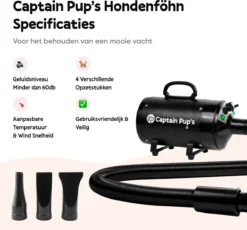 Captain Pup's Professionele Hondenföhn Met 4 Opzetstukken - Bijgeleverde Hondenborstel - Waterblazer Voor Honden - Zwart -Dog Supplies 1200x1117