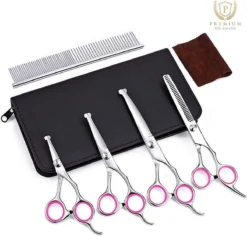 Professionele Hondenscharen Set - Extra Veilige Grooming Set - Trimscharen Voor Honden - Knipschaar - Effileerschaar / Uitdunschaar - Gebogen Schaar Met Ronde Punt - Precisieschaar - Hondenverzorging - Inclusief Kam, 2 Haarclips En Luxe Opbergdoos