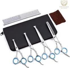 Professionele Hondenscharen Set - Extra Veilige Grooming Set - Trimscharen Voor Honden - Knipschaar - Effileerschaar / Uitdunschaar - Gebogen Schaar Met Ronde Punt - Precisieschaar - Hondenverzorging - Inclusief Kam, 2 Haarclips En Luxe Opbergdoos