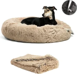 Filo Hondenmand 60cm Met Deken & Rits – Crème – Geschikt Als Kattenmand - Fluffy Donut Hondenbed Lichtbruin - Honden Mand & Bed – Hondenkussen – Kussen Hond – Katten Mand