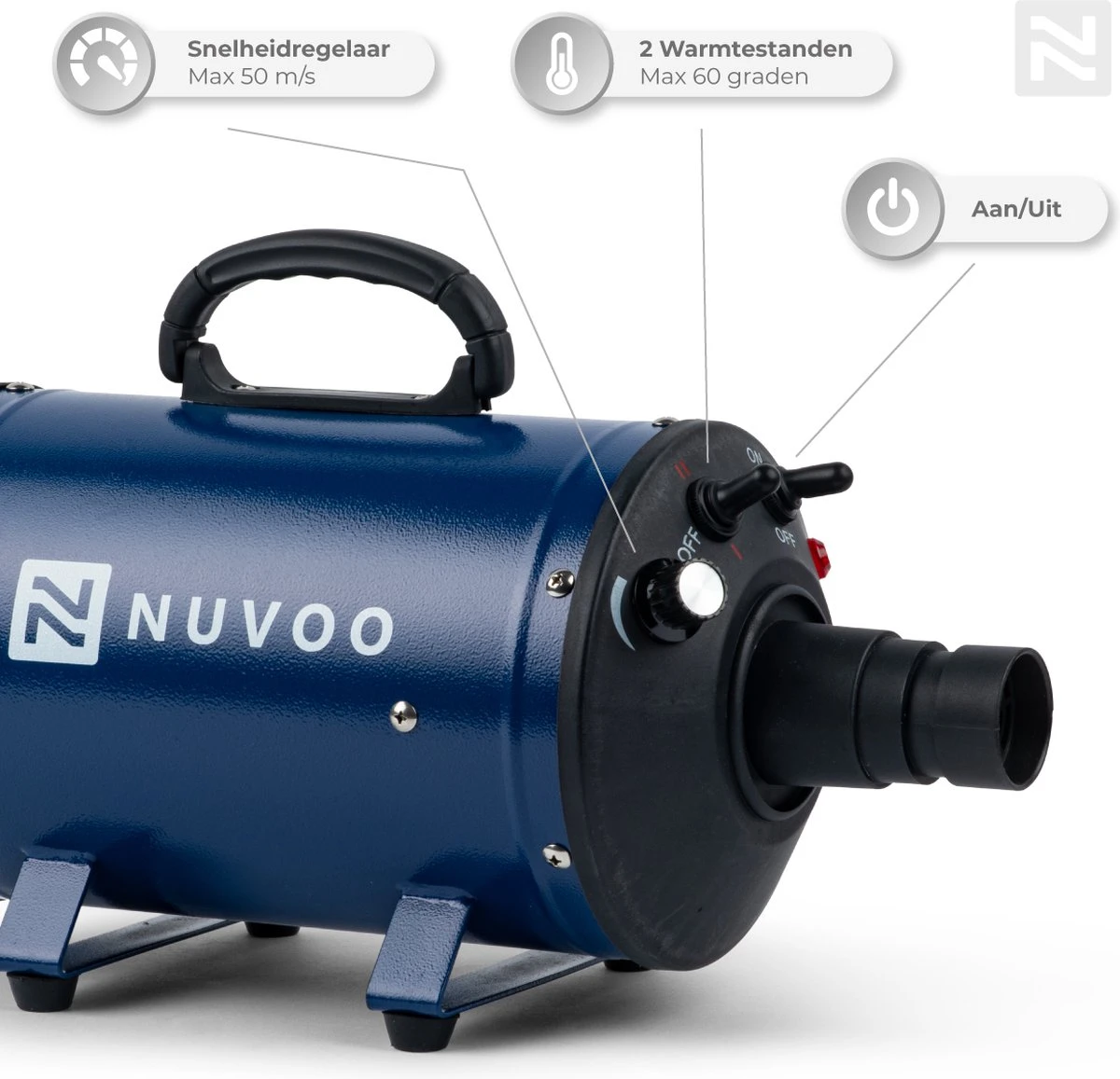 Nuvoo Professionele Hondenföhn / Waterblazer / Hondenborstel Met 3 Opzetstukken - Verstelbare Vermogen Tot 2200W - Warme / Koude Stand - Blauw 2 Nuvoo Professionele Hondenföhn / Waterblazer / Hondenborstel Met 3 Opzetstukken - Verstelbare Vermogen Tot 2200W - Warme / Koude Stand - Blauw - Afbeelding 2