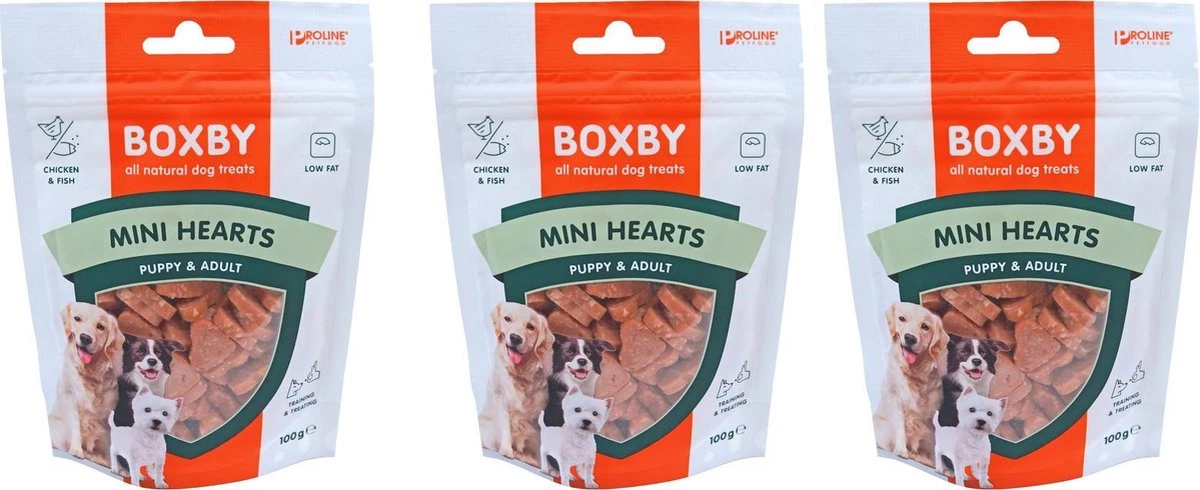Proline Boxby Puppy Snacks, Mini Hearts. Inhoud: 100 Gram. Per 3 Verpakkingen 1 Proline Boxby Puppy Snacks, Mini Hearts. Inhoud: 100 Gram. Per 3 Verpakkingen