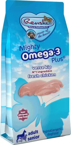 Renske Mighty Omega Plus Adult/Senior Kip/Rijst 15 KG -Dog Supplies 590x1200