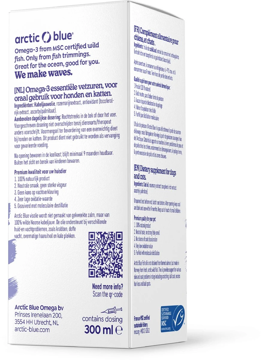 Arctic Blue - Pure Arctische Omega-3 Visolie 300 Ml Fles - Dier - MSC - Hond - Kat 2 Arctic Blue - Pure Arctische Omega-3 Visolie 300 Ml Fles - Dier - MSC - Hond - Kat - Afbeelding 2