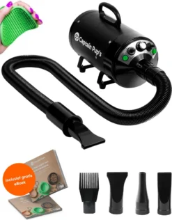 Dog Supplies 14 Captain Pup's Professionele Hondenföhn Met 4 Opzetstukken - Bijgeleverde Hondenborstel - Waterblazer Voor Honden - Zwart
